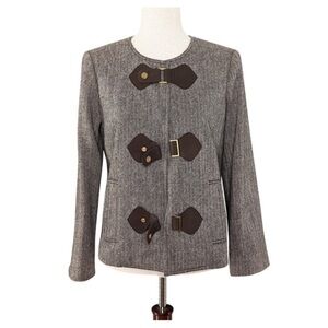 Tory Burch Wool Herringbone Size 6 Jacket with Brown Leather Snaps